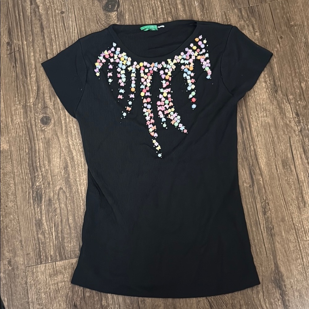 Black Y2K Colorful Butterfly Hearts Beaded Women's Top